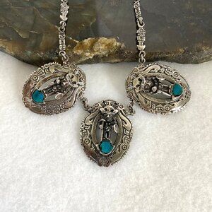 VTG 950 Silver Oval Peruvian Inca Tumi Chrysocolla Figural Chain Necklace 23.5"